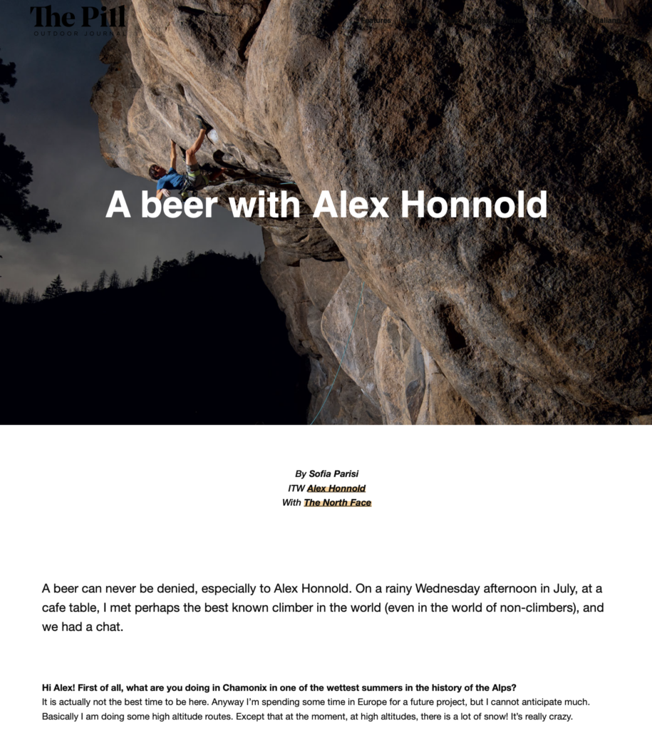 Screenshot of a web page with a picture of a man, Alex Honnold, climbing on a overhanging rocky wall. Image followed by the beginning of the interview.