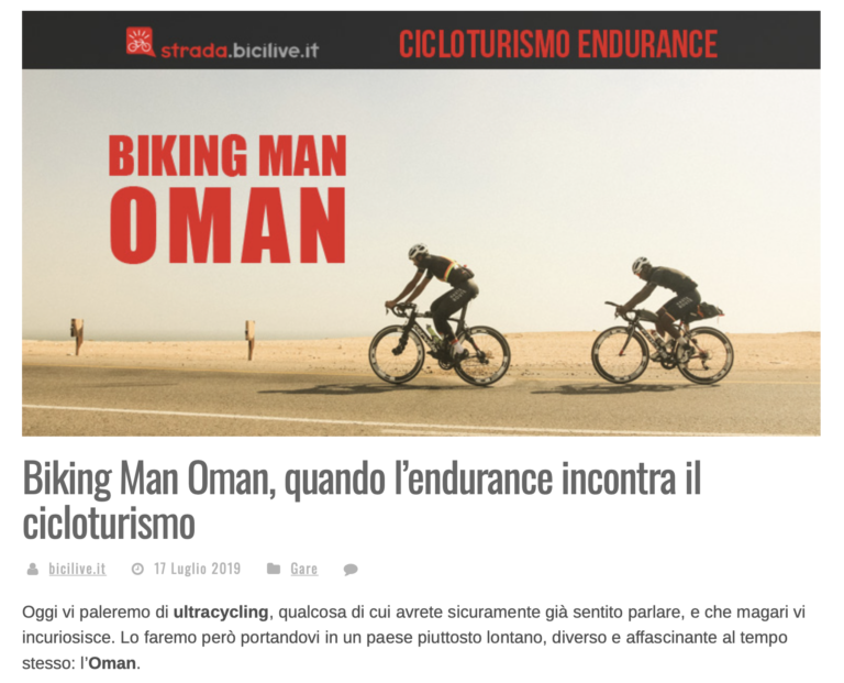 Screenshot of a web page with a picture of two cyclists riding in the desert of Oman. Image followed by the beginning of the interview.
