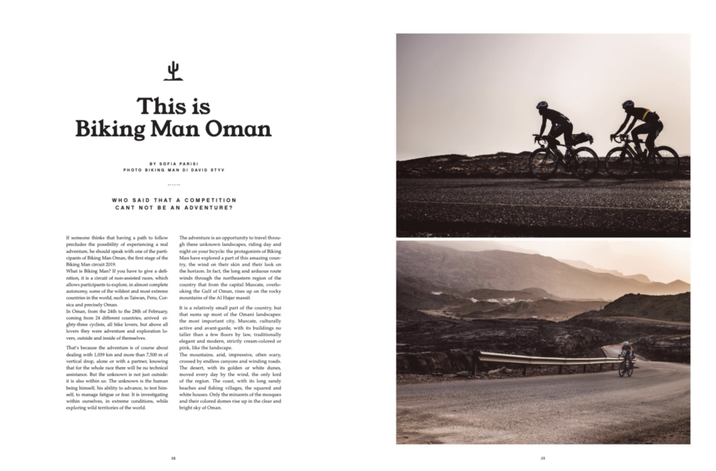 Screenshot of a two pages magazine with the beginning of the article and two images of cyclists riding in the desert of Oman.