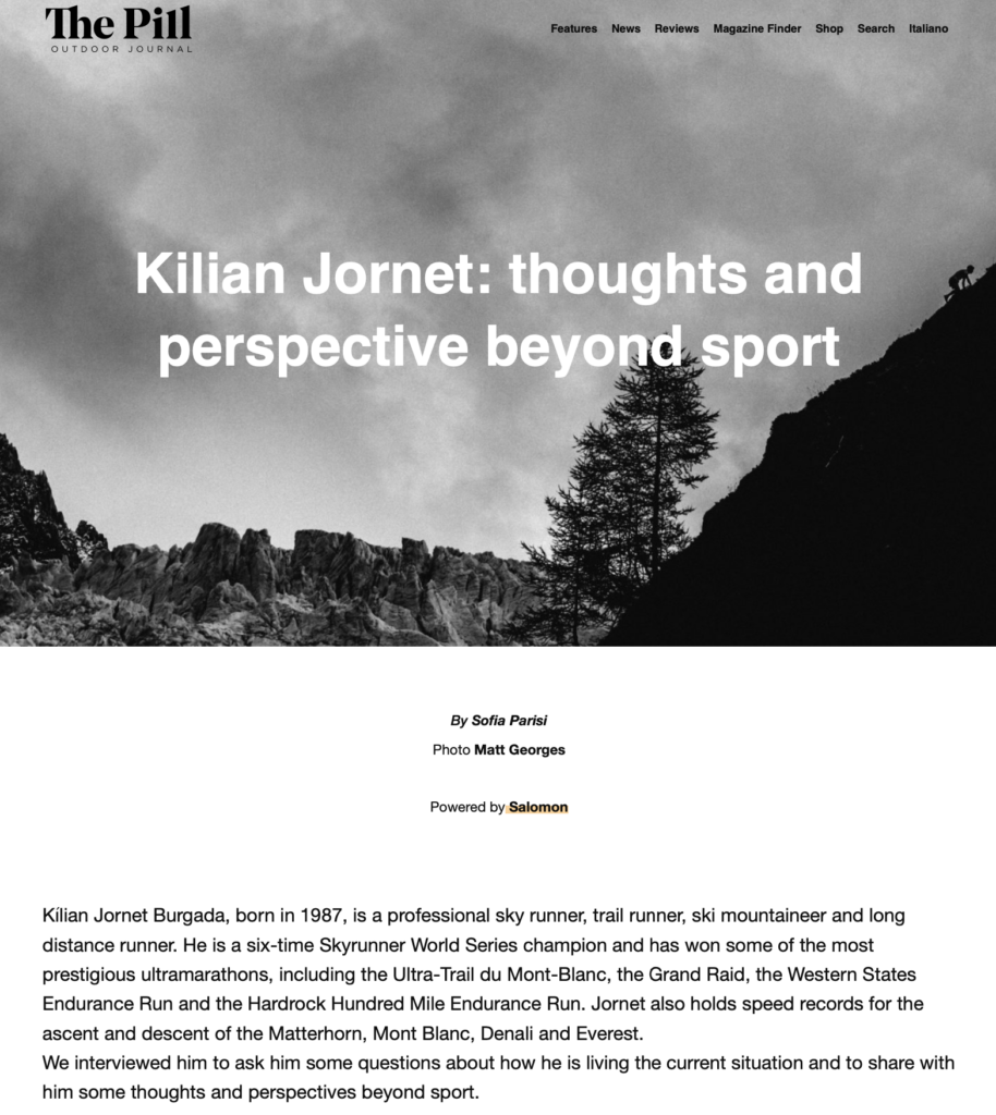 Screenshot of a web page with a black and white image of a man, Kilian Jornet, climbing the profile of a mountain. Image followed by the beginning of the interview.